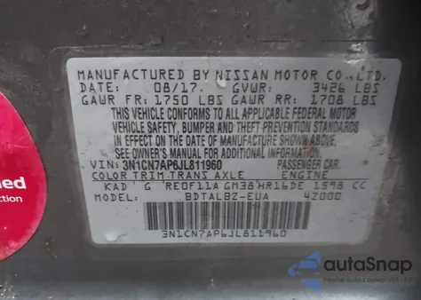 2018 Nissan Versa 1.6 Sv из США, поврежденный, VIN 3N1CN7AP6JL811960